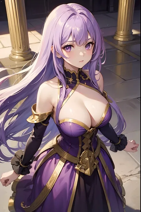 1girl, light purple hair, gold eyes, purple dress, standing on ground, high res, ultra sharp, 8K, masterpiece