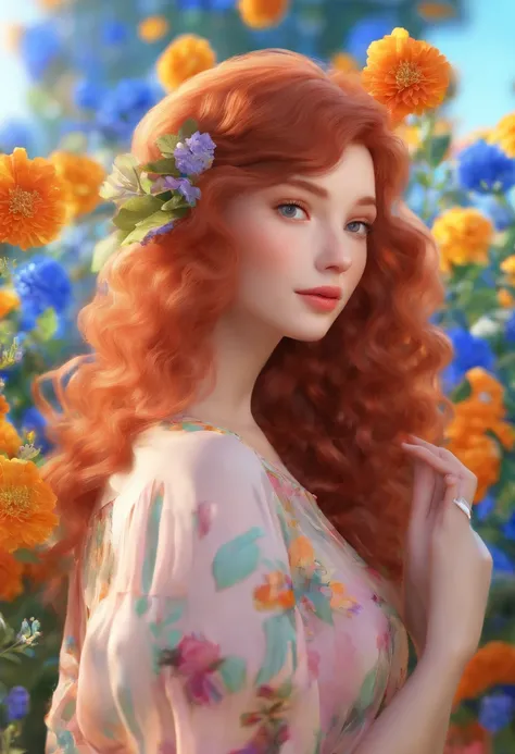 (a beautiful, romantic, and vibrant image:1.2),curly-haired redhead and a curly-haired black with blue highlights(1girl),gorgeous featured eyes,kissing affectionately in a colorful garden under soft golden sunlight,embrace of love and tenderness,beautifull...