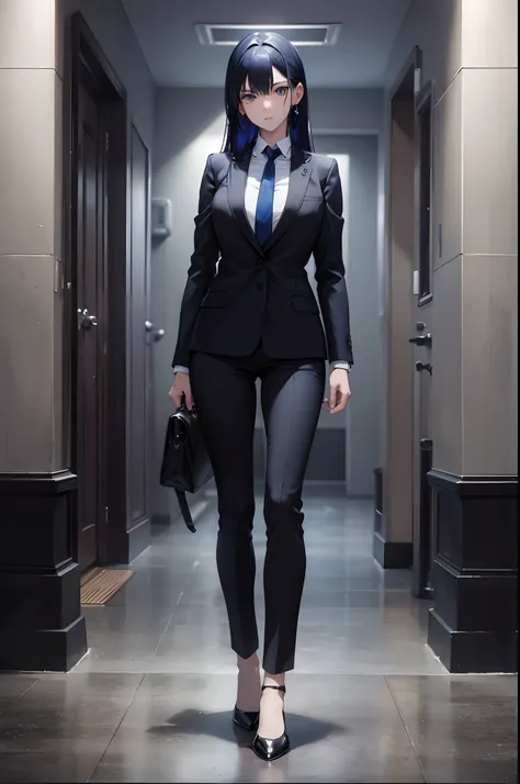 1woman, dark blue hair, black eyes, black suit, standing on ground, high res, ultra sharp, 8K, masterpiece