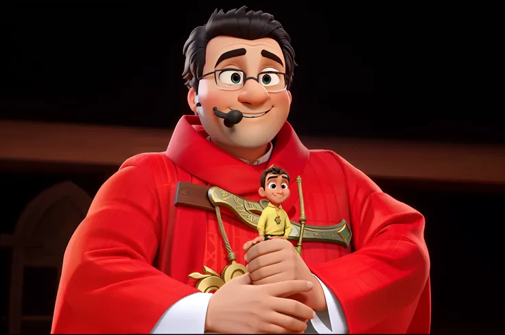 Sacerdote bonito segurando uma cruz, estilo disney pixar, alta qualidade, melhor qualidade, no fundo uma igreja