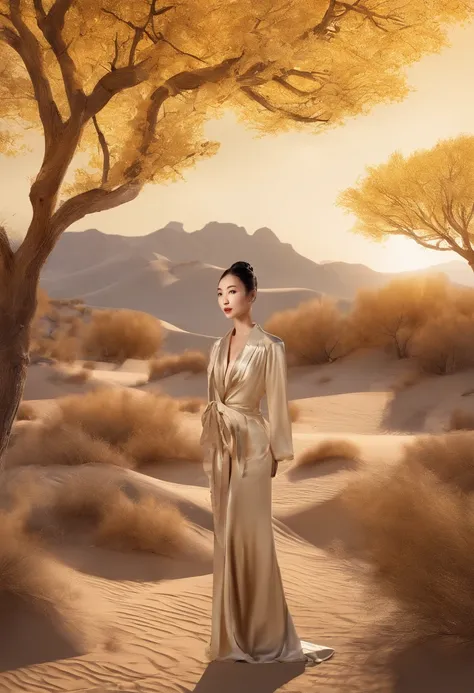 Magazine illustration，((In the desert))，A glamorous Chinese female model standing in the desert，A pond，A few tall ones(((Golden poplar tree：1.3)))，Poplar tree，Fallen leaves on the ground，k hd，Sony SLR lens，Master masterpieces，Soft lights at dusk