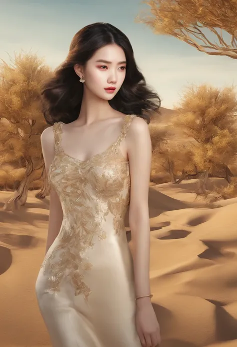 Magazine illustration，((In the desert))，A glamorous 18-year-old Chinese female model stands in the desert，A pond，A few tall ones(((Golden poplar tree：1.3)))，Poplar tree，Fallen leaves on the ground，k hd，Sony SLR lens，Master masterpieces，Soft lights at dusk