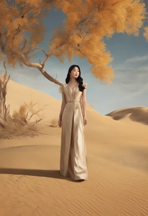 Magazine illustration，((In the desert))，A glamorous 18-year-old Chinese female model stands in the desert，A pond，A few tall ones(((Golden poplar tree：1.3)))，Poplar tree，Fallen leaves on the ground，k hd，Sony SLR lens，Master masterpieces，Soft lights at dusk