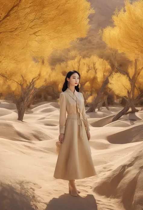 Magazine illustration，((In the desert))，A glamorous 18-year-old Chinese female model stands in the desert，A pond，A few tall ones(((Golden poplar tree：1.3)))，Poplar tree，Fallen leaves on the ground，k hd，Sony SLR lens，Master masterpieces，Soft lights at dusk