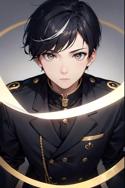 1boy, short navy hair, white highlights in hair, golden eyes, wearing black academy uniform, classroom, standing on ground, high res, ultra sharp, 8K, masterpiece