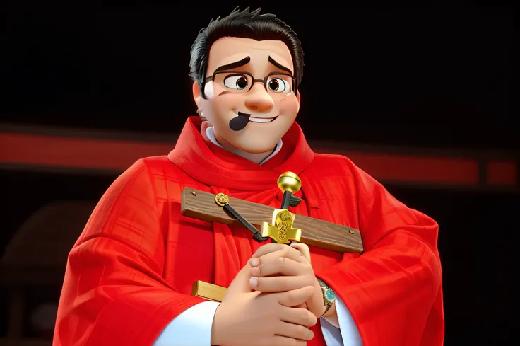 Sacerdote bonito segurando uma cruz, estilo disney pixar, alta qualidade, melhor qualidade, no fundo uma igreja