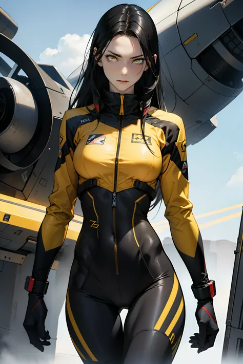 1 girl, black hair, yellow eyes, very long hair, pale skin, fit body, slender body, slim waist, large breasts, (confident expression), pilot suit, thigh gap