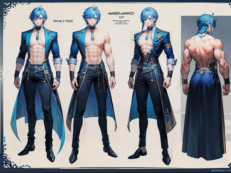 ((Masterpiece, Highest quality)), Male, boy, Detailed face, character design sheet， full bodyesbian, Full of details, frontal body view, back body view, Highly detailed, Depth, Many parts, Muscle boy with long blue hair with long bangs，handsome man, muscle...