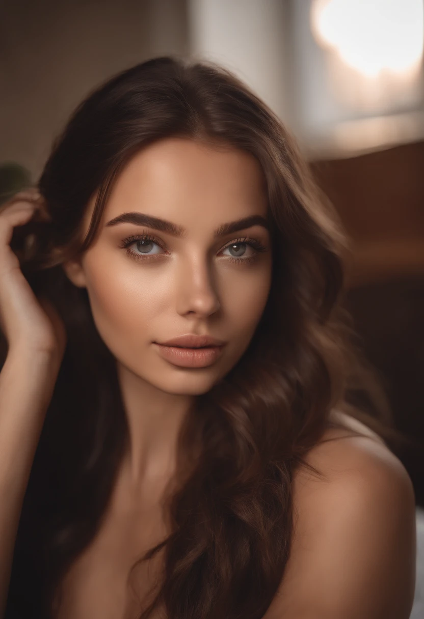 arafed woman with , sexy girl with brown eyes, portrait sophie mudd, brown hair and large eyes, selfie of a young woman, bedroom eyes, violet myers, without makeup, natural makeup, looking directly at the camera, face with artgram, subtle makeup, stunning ...