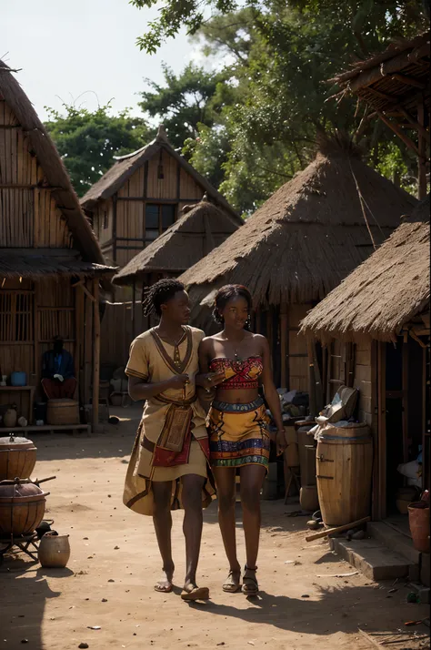 wide angle shot of early 19th century African community dressed in African designed clothes all working together, eating, cooking, starting fire, many African people in a society with different African designed houses and huts, in the scene, bright sunligh...