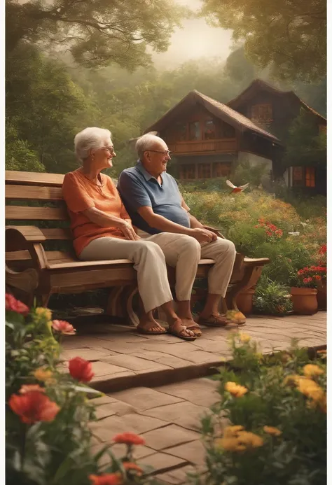 Childrens Books:2.0、Illustrations for picture books、（（（Elderly couple）:1.5、Comfortable clothes、Sandals）、One-story wooden house、balcony, two elderly people Sitting side by side on a very comfortable chair）、in the woods 、the two with glasses, Gramado Square,...