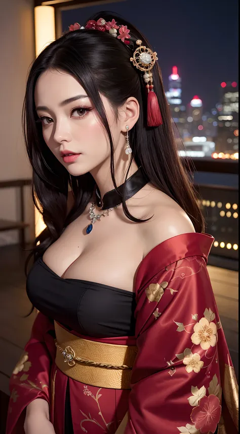 (hyper realstic)、Modern Oiran、(Female Ninja of the 21st Century)､Beautie　　high-level image quality　hight resolution　(Realistic)　Shorthair､Woman with dark hair、A MILF、Middle-aged woman、Big big、Detailed red-black 、detailed skin textures、超A high resolution、Re...