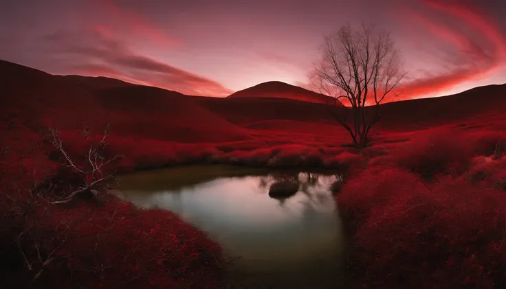 /imagine prompt:
Foto colorida de: "A blood-red sky, Silhouette of an imposing cosmic tree, figuras abstratas espalhadas por um terreno baldio, each with a unique style, todos com olhos carmesim brilhantes" 
Uma cena surreal e assombrosa, Where the sky ble...