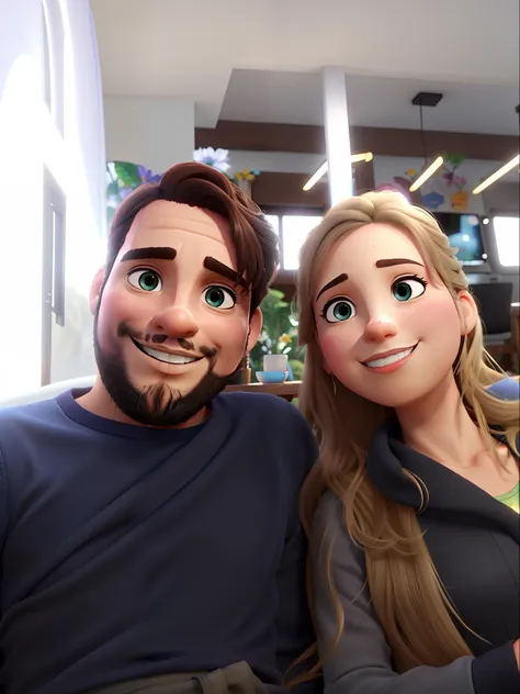 Um lindo casal, iluminado pela luz do sol, contra o pano de fundo de uma floresta, realista, estilo pixar