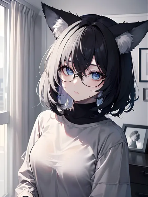 (masterpiece,best quality,ultra-detailed),1girl,black hair,short hair,messy hair,fox ears,disheveled,pale skin,glasses,grey shirt,((grey theme)),((pastel colours theme)),in a bedroom