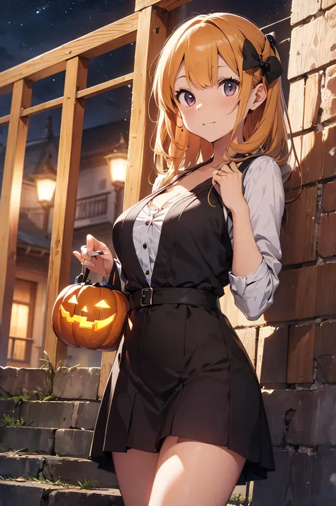 (masutepiece, Absurd quality, of the highest quality, Official art, Beautiful and aesthetic: 1.2), (One Woman: 1.4), Highly detailed, (Fractal Art: 1.3), lean forward and lift the skirt, Miniskirt, cleavage, Halloween、Halloween Venues、Detailed landscapes、L...