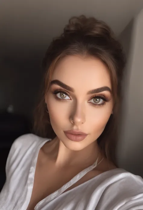 arafed woman with, sexy girl with brown eyes, portrait sophie mudd, brown hair and large eyes, gigantic breasts, selfie of a young woman, bedroom eyes, violet myers, wearing black shirt, natural makeup, looking directly at the camera, face with art gram, s...