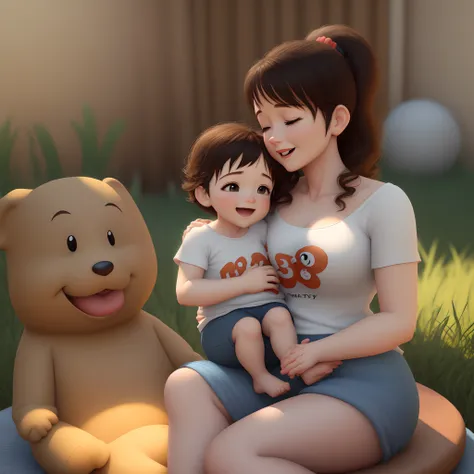 3d pixar Disney a mother with her baby of a 1 year and eight month old baby tired happier