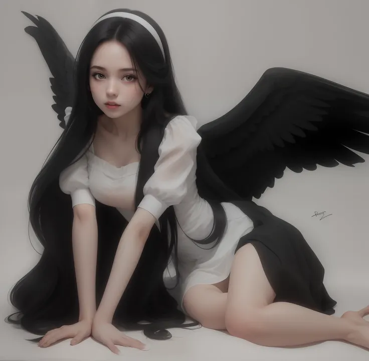 (best quality), big head , Long Straight Black Hair , Halloween vibing , Wings , White Dress , poses girl , UHD, Colored , 8K , White Pale Skin Tone , Pretty girl , Sexy Girl , lie in floor , Long hair details , Pretty dress