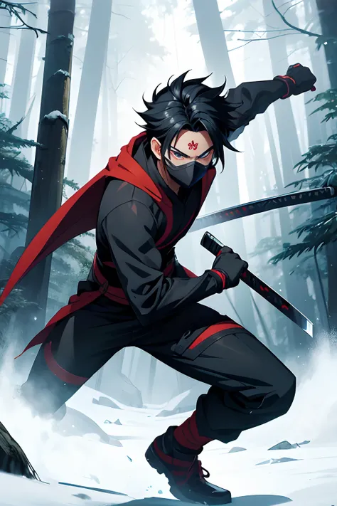 Teen boy, ninja boy, katana, design mask, revealing mask, handsome, black hair, power to control many katana, in a forest, slice with katana, anime characters, male anime, hero academia, full body