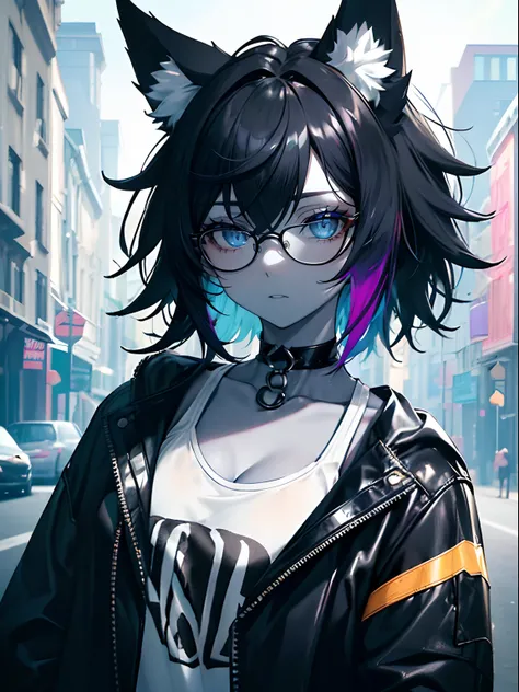 (masterpiece,best quality,ultra-detailed),1girl,black hair,short hair,messy hair,wolf ears,black and white hair,glasses,(((coloured skin,pale blue skin))),black jacket,rock punk fashion, choker,((grey theme)),((pastel colours theme)),in the street