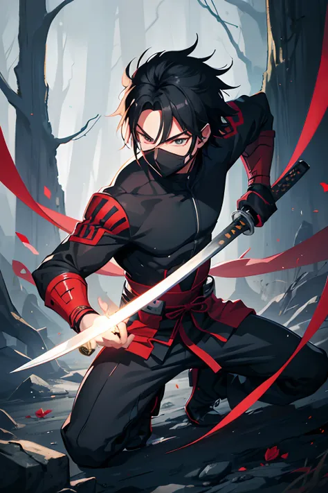 Teen boy, ninja boy, katana, design mask, revealing mask, handsome, black hair, power to control many katana, in a forest, slice with katana, anime characters, male anime, hero academia, full body