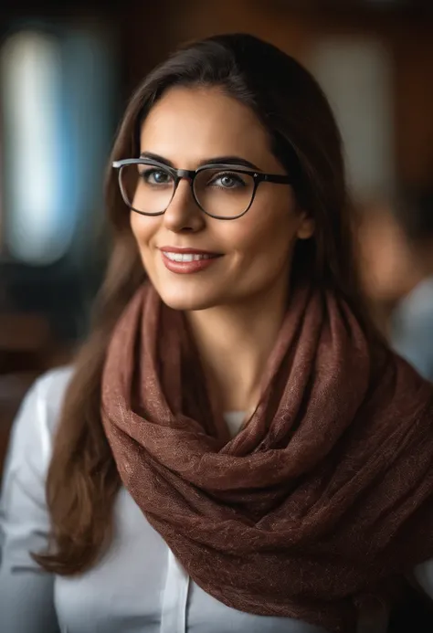 Photo portrait of beauty of a teacher in classroom Woman with glasses and scarf looking at camera, close - retrato facial de cima, Personagem (best quality) (circunstanciado) (8k) (HDR) (O papel de parede) (Cinematic lighting) (foco nítido) (intrincado)