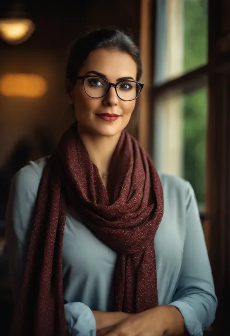 Photo portrait of beauty of a teacher in classroom Woman with glasses and scarf looking at camera, close - retrato facial de cima, Personagem (best quality) (circunstanciado) (8k) (HDR) (O papel de parede) (Cinematic lighting) (foco nítido) (intrincado)