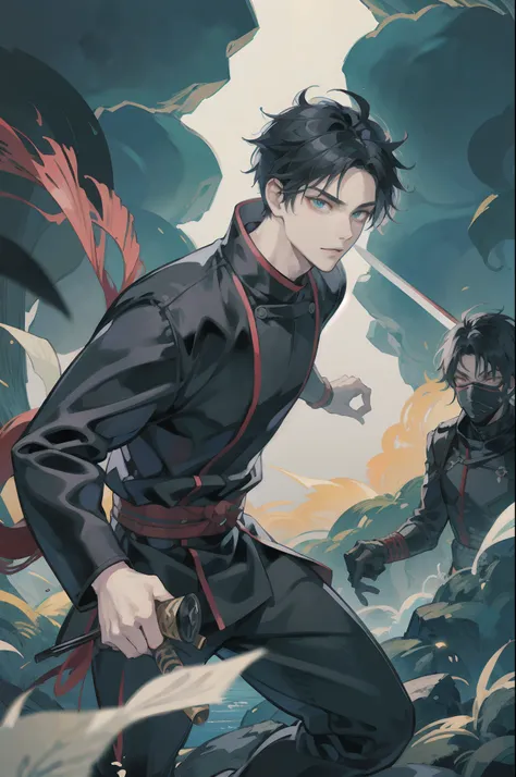 Teen boy, ninja boy, katana, design mask, revealing mask, handsome, black hair, power to control many katana, in a forest, slice with katana, anime characters, male anime, hero academia, full body