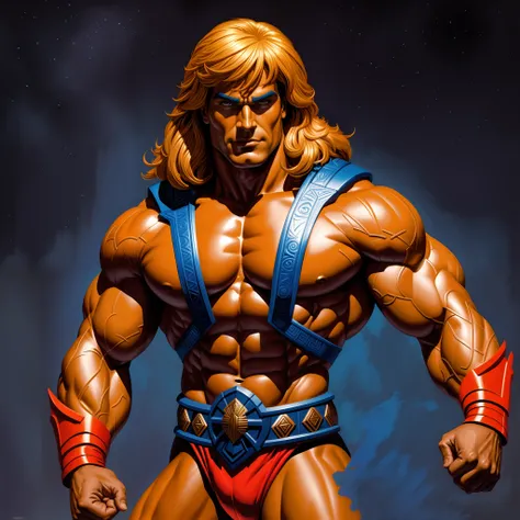 um close up de uma figura de brinquedo de um homem com uma espada, pintura retrato de ele - homem, retrato de he - homem, He-Man, ele - homem, ele homem, He-Man com um jeito sombrio, He-Man!!!!!, ele - homem!!!!!, Estilo Heman, inspirado em Joe Jusko, Retr...