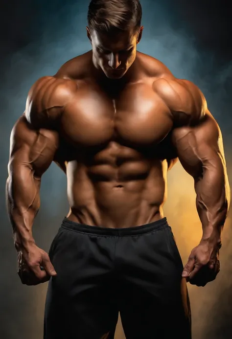 Vascular man flexing his pecs, oil painting, muscular body, ripped physique, intense gaze, veins popping, sweat glistening on his skin, chiseled abs, defined arms, rugged masculinity, low lighting, dramatic shadows, high contrast, vibrant colors, captivati...