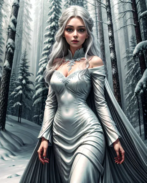 A woman in a white dress, with snow-white hair, standing in a snowy forest. (best quality, highres, ultra-detailed, realistic), beautiful detailed eyes, beautiful detailed lips, extremely detailed face, long eyelashes, delicate features, serene expression,...