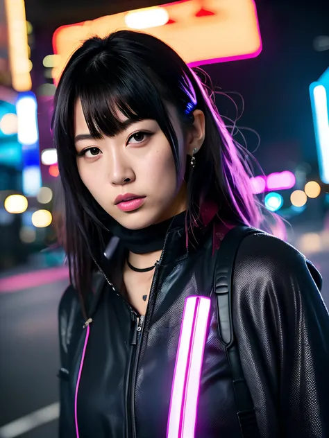 Foto de retrato de uma jovem japonesa, japanese, wearing tech clothes, cyberpunk style, (risos:0.7), posando, Looking at a camera, cabelo rosa rabo de cavalo, fundo complexo da cidade, retroiluminado, (cinemactic:1.5), epic realistic, hiperdetalhado, detal...