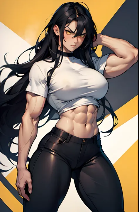 1girl, extremely long hair, solo, ((muscular)), veins, black hair, yellow eyes, blushing, thick thighs, pale skin, strong, veins, abs, big thighs, huge breasts, navel, standing, angry, tight pants, tight shirt