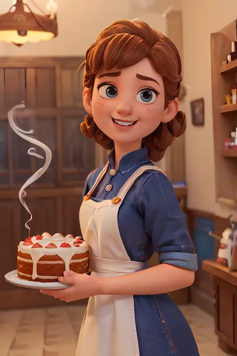 (pixar style poster of a cute girl seen from the front in a white chef's uniform, smiling and showing a decorated medium cake. p...