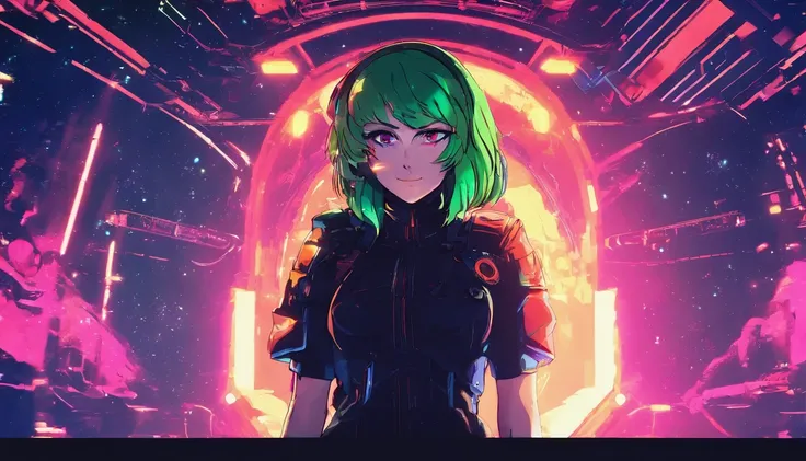 A red-haired woman in a green shirt in front of a black animated backdrop, menina seminua lofi, fundo preto, reto 8 0 s vibe anime, anime vibes, Digital anime illustration, retro anime girl, menina anime sedutora, Elogio Artstyle, no estilo de arte do anim...