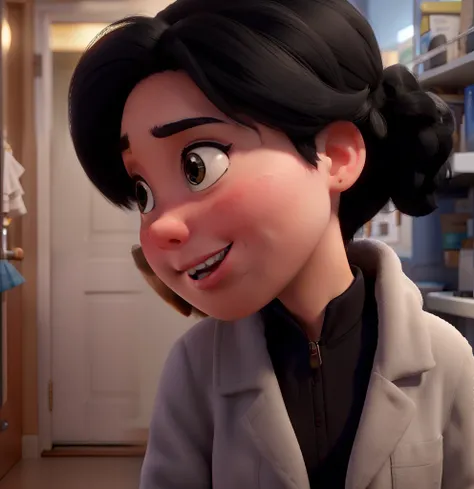 white girl, black hair, pixar film style, wearing a white coat, full body, standing, highlighted scene, written on the background "hosanna paonessa"