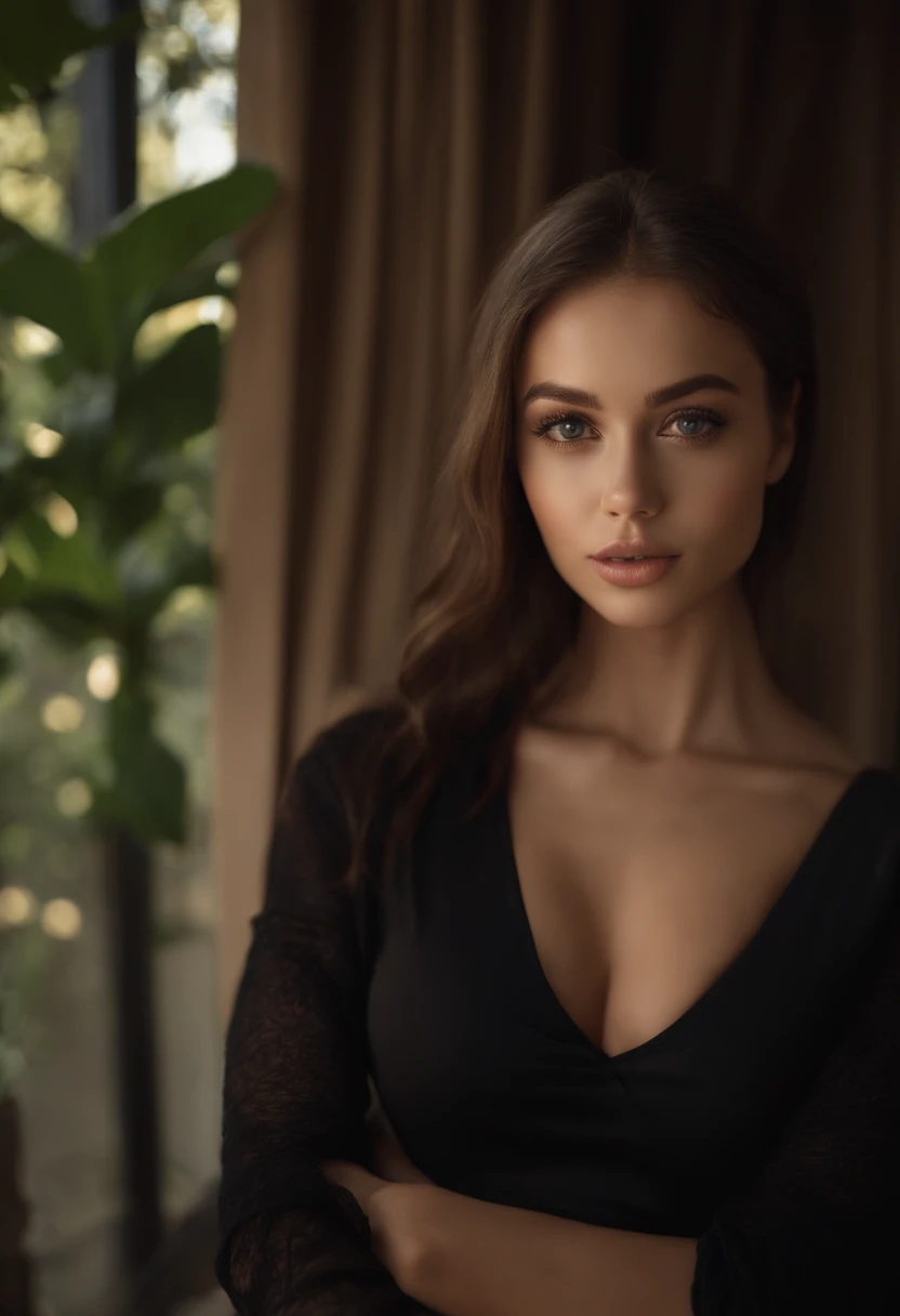 small model face, sexy girl with brown eyes, portrait sophie mudd, brown hair and large eyes, gigantic breasts, selfie of a young woman, bedroom eyes, black shirt, covering breast, natural makeup, looking directly at the camera, face with art gram, subtle ...