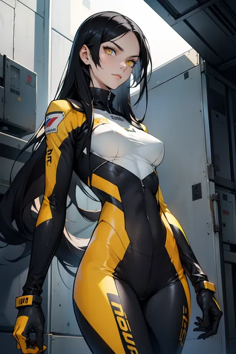 1 girl, black hair, yellow eyes, very long hair, pale skin, fit body, slender body, slim waist, large breasts, (confident expression), pilot suit, thigh gap