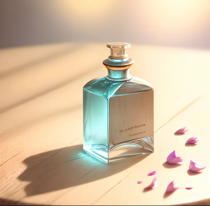 Glass perfume bottle on wooden table, There were some petals scattered on the table, Professional photography, Cinematic lighting, Intricate details, Ultra photo realsisim, Realistic texture, Landscape background with complementary colors, Details