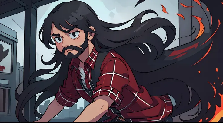 solo Man with long black flowing hair and a short black beard. wearing a red plaid shirt scared, in a haunted area