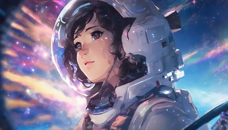 Anime Girl in space with text stop overthiking, dreamy psychedelic anime, esmagador, Elogio Artstyle, aesthetic award winning anime, Arte no estilo de Guweiz, arte em alta de anime, Transbordando, portrait anime space cadet girl, anime asthetic, anime insp...