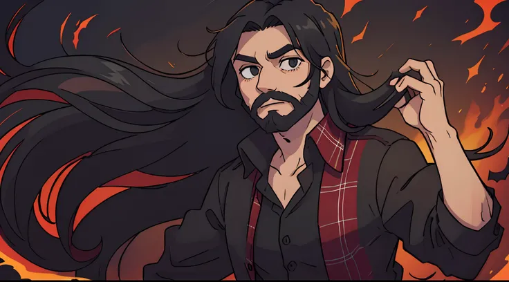 solo Man with long black flowing hair and a short black beard. wearing a red plaid shirt. horror, haunted, halloween, dark, demon