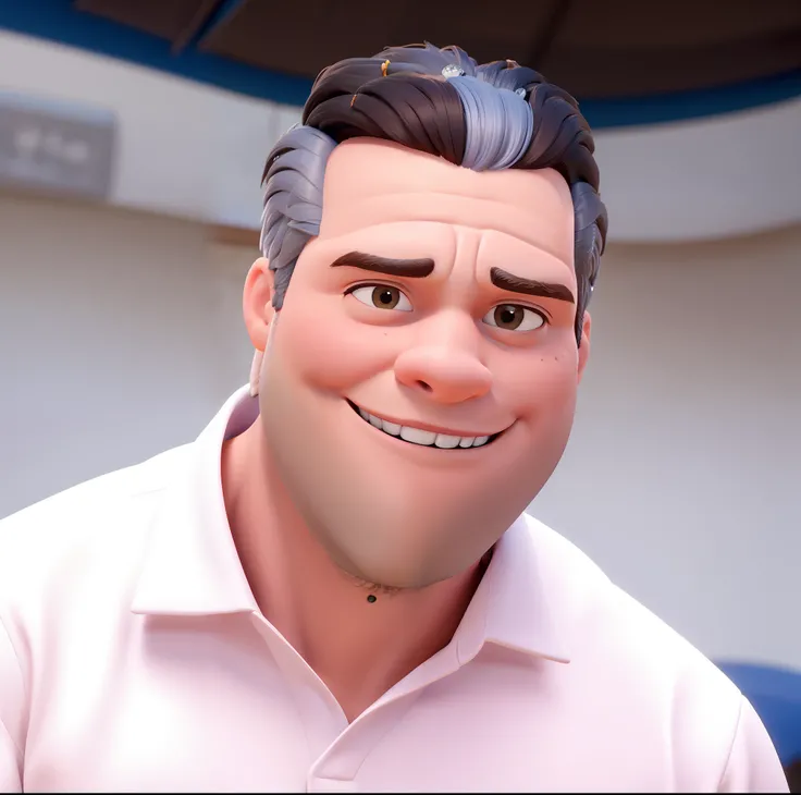 Obra-prima, de melhor qualidade, um homem estilo disney Pixar, cabelo preto com mecha na frente branca, gordinho, usando camiseta rosa