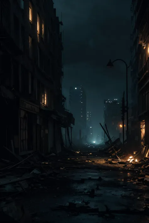 (Best Quality,Realistic:1.2),dark city,Desolate atmosphere,Ruins,wreckage,scrap,Mysterious night,Loneliness,Detailed cityscape,Broken Buildings,Makeshift bed,darker shadows,Abandoned Street,In the darkness,post apocalyptic scenery,Moonlit sky,Twisted Metal...