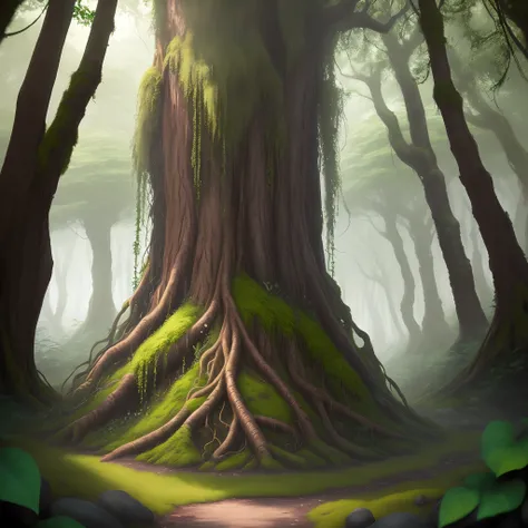 Best quality, High quality,the rainforest，Mossy stones，towering trees, The big tree that surrounds the vines，A variety of tropical greenery，Kiriko creates a sense of mystery and warmth, iintricate, Uptrend, Contrasting colors, Oil painting,  Bokeh, Depth o...