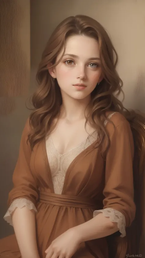 1girl, beautiful teenage girl, very small breasts, short wavy brown hair, portrait, oil painting, modern, realistic proportions, intricate, intricate details, sharp focus