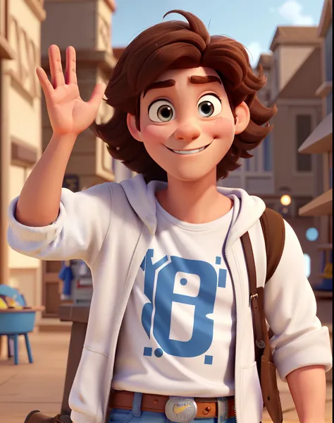 Create a character from the Disney pixar movie Buzz Lightyear. 44 years old, brown hair, highlighted eyebrows, brown eyes, white shirt, white coat, jeans, long-top Nike sneakers. smiling, with hands waving goodbye