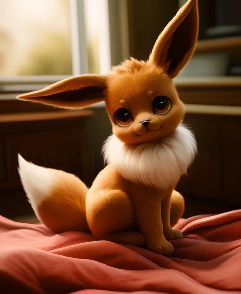 feral eevee sitting on bed,BREAK,(masterpiece, best quality, ultra realistic, 4k, 2k, (intricate:1.1), (high detail:1.4), film photography, (soft focus:1.1),RAW photo, photorealistic, analog style, subsurface scattering, photorealism, absurd res)