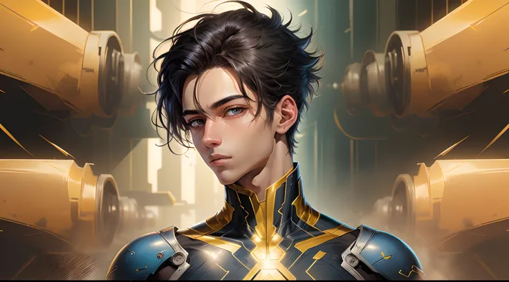 marvel comic style, young androgynous male with tan skin and black hair with blue eyes.